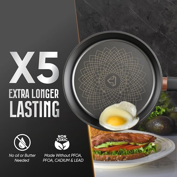 Sunhouse Ultra Titanium Nonstick Coating Aluminum Pan with 4-Layer Non-stick Coating, Non-Toxic, PTFE PFOA & PFAS Free, Stay-Cool Handle, Compatible with All Stovetops (10 inch)