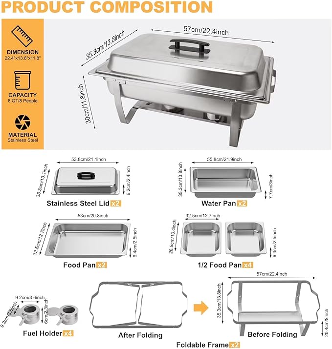 2 Pack 8QT Rectangular Chafing Dish Buffet Set Stainless Steel Catering Chafers Food Warmer with Full,Half Food Pan,Fuel Holder,Foldable Frame For Weddings/Parties/Banquets Events