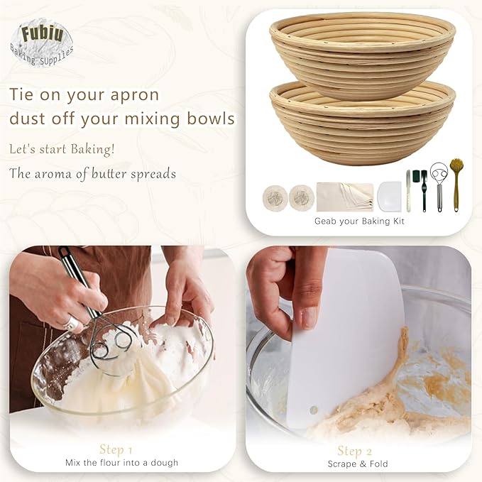 Natural Unbleached Banneton, Sourdough Bread Proofing Basket Kit, 2x 9 Inch Round Basket with BreadMaking Baking Supplies Tools, Banneton Basket Gift Set - Primary Color