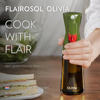 FLAIROSOL OLIVIA Oil Sprayer for Cooking, 200ml Glass Olive Oil Sprayer, Continuous Cooking Spray with Portion Control, Oil Dispenser for Kitchen, Air Fryer, Salad, BBQ (Green Bottle, Gold Print)