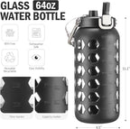MUKOKO 64oz Glass Water Bottles with Straw and Lid,Half Gallon Water Bottle with Time Marker,Large Glass Water Jug with Silicone Sleeve and Stainless Steel Handle-Black
