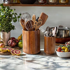 Large Acacia Wood Utensil Holder for Kitchen Counter, 360° Rotating Kitchen Utensil Holder, Set of 2 (7.9" & 5.9"), Rustic Farmhouse Decor Accessories