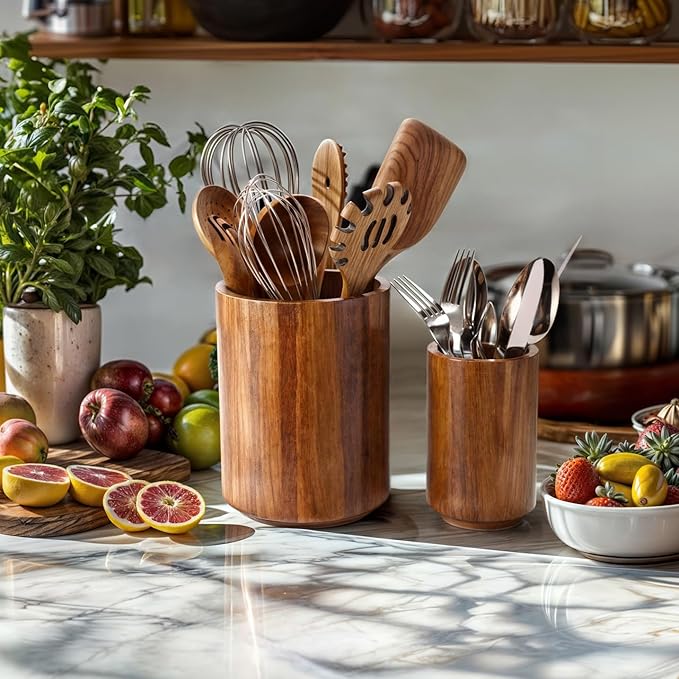 Large Acacia Wood Utensil Holder for Kitchen Counter, 360° Rotating Kitchen Utensil Holder, Set of 2 (7.9" & 5.9"), Rustic Farmhouse Decor Accessories
