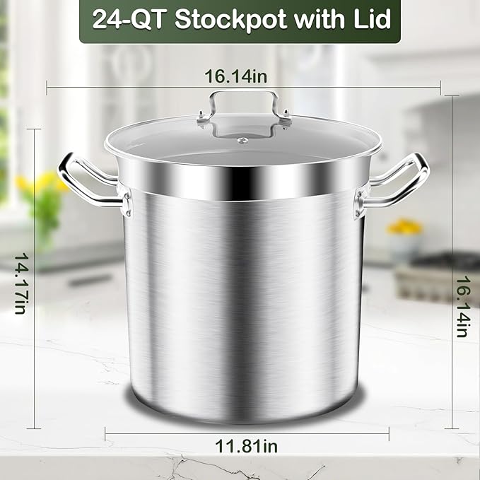 Stainless Steel Stock Pot-24QT Heavy Duty Induction Cooking Pot with Visible Lid, Commercial Grade Stock Pot & Stockpots for Boiling Cooking Soup Stew Canning Cooking Pots,Big Stockpot, Deep Cookware