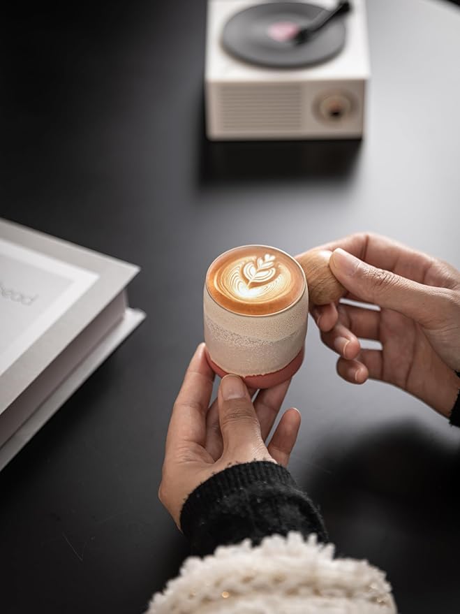 2-Oz Ceramic Espresso Cups with Wood Handle, 2/4-Piece Set for Coffee, Tea, Latte - Dishwasher Safe, Multi-Color & Wood Styles, Gift & Café Use (pink, Wooden Handle4)