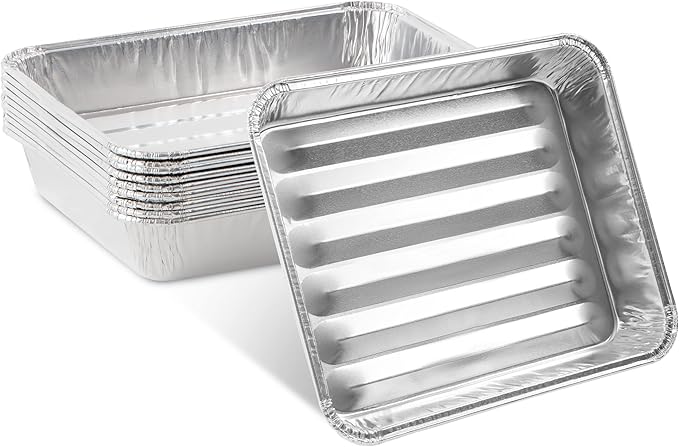 PLASTICPRO 10 Pack Disposable Aluminum Grill Liners Toppers Aluminum Foil Broiler Pans Durable Ribbed Grill Drip Pans 8.5x7