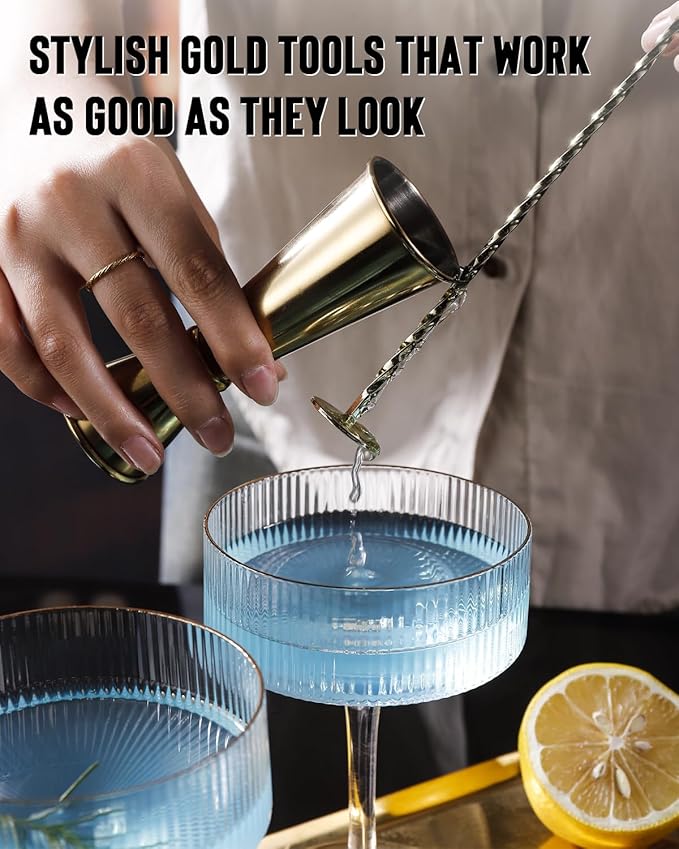 Cocktail Shaker Set with Coupe Glasses – 5-Piece Gift Set Includes Pineapple Glass Shaker with Gold Lid, Jigger, Bar Spoon & 2 Ribbed Gold-Rimmed Glasses – Bartender Kit for Home Bar