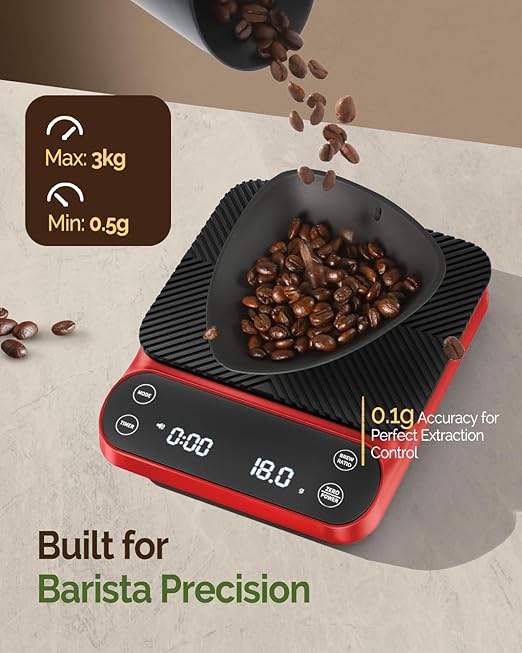 Maestri House S3 Coffee Scale with Timer, 3kg/0.1g Rechargeable Digital Scale, 3 Brew Modes, Adjustable Ratios & Flow Rate Display, Barista-Grade for Pour-Over, Espresso, French Press – Red