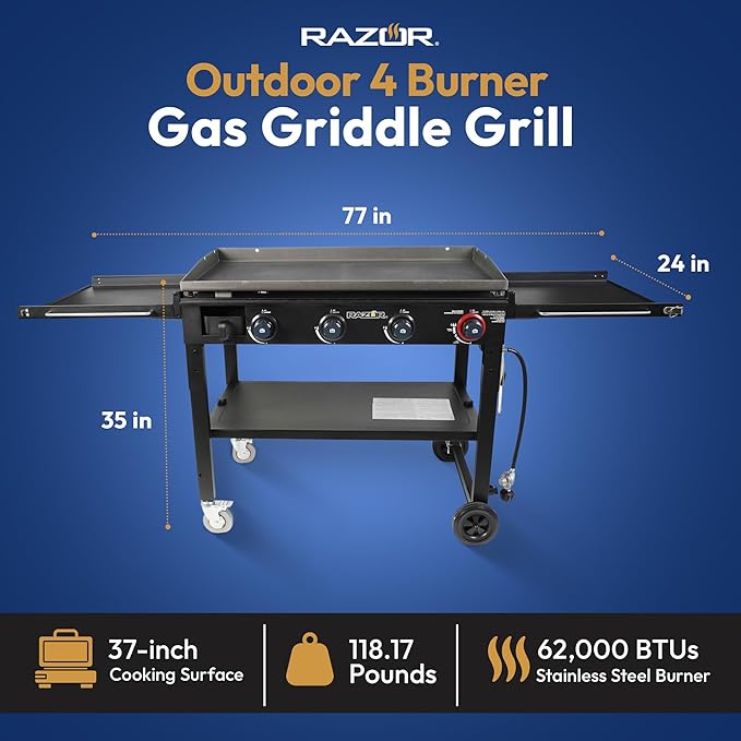 Razor Griddle 4-Burner Portable Outdoor Flat-Top Griddle with Foldable Prep Shelves, 37" Propane Gas Grill