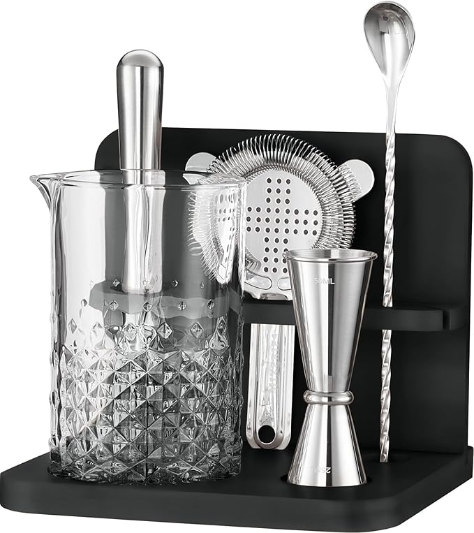 Crystal Cocktail Mixing Glass Set with Bamboo Stand - 22 Oz 650ml - Thick and Sturdy Bottom, Durable and Seamless Design with Bar Accessories