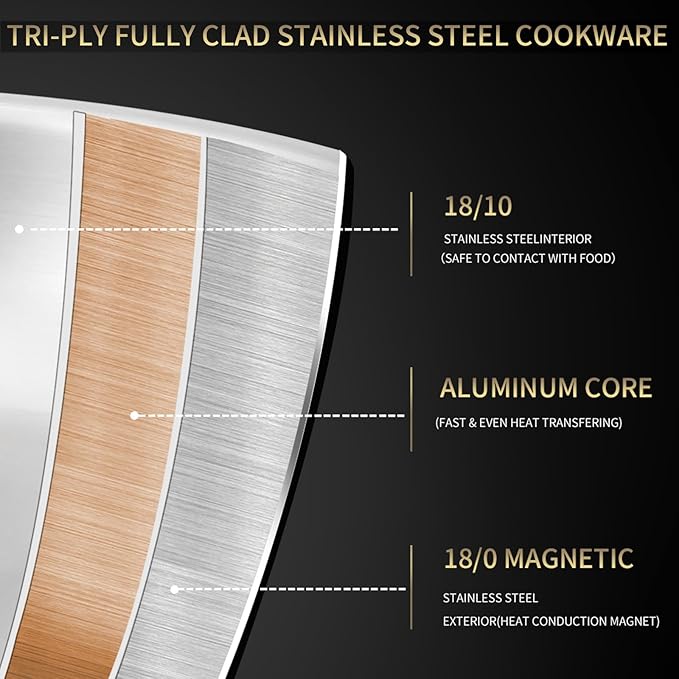 DELARLO 13 Inch Tri-Ply Stainless Steel Paella Pan With Lid, Big Frying Pan, kitchen Induction Large Skillets,Great for Paella Parties Indoors Outdoors,Heavy Duty Style