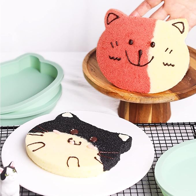 4Pcs Layer Cake Pans Set, 6 Inch Rainbow Cake Baking Pans,Silicone Cake Molds for Pizza Vegetable Pancake Quiche and Resin Crafts (Cat)