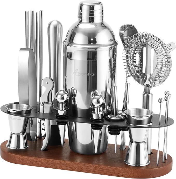Cocktail Shaker Set Bartender Kit with Stand | 23-Piece Bar Set Drink Mixer Set with All Essential Bar Tools: Martini Shaker, Jigger, Strainer, Spoon, Muddler, Pourers, for Home, Bar, Party