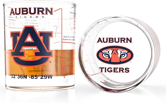 Greenline Goods – University of Auburn Tigers College Whiskey Glasses (Set of 2), 10 oz – Full-Color Logo + Campus Map