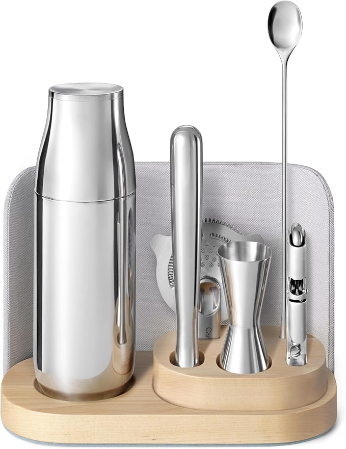 Caraway 9-Piece Complete Bar Set - Cocktail Shaker, Jigger, Muddler, Wine Key, Strainer, Bar Spoon, Storage Organizer, Magnetic Backer - Bartender Accessories - Tools for Home Bartending - Gray