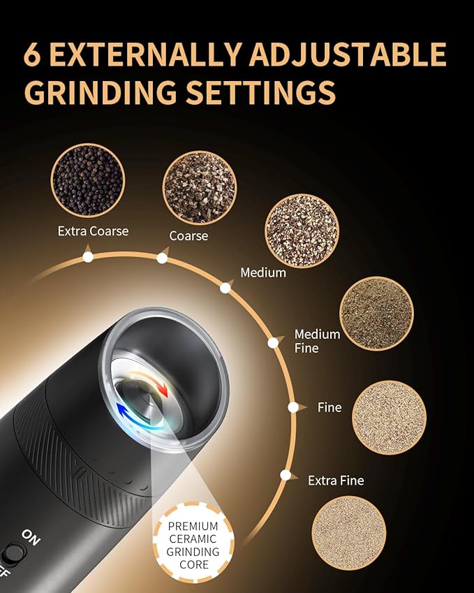 CIRCLE JOY Gravity Electric Salt and Pepper Grinder Set Automatic Shakers Upgraded Pepper Mill with Rechargeable Base, External Adjustable Coarseness, LED Light, Easy Refill for Kitchen & Outdoor