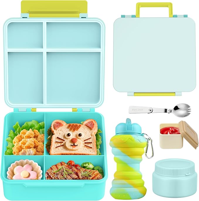 Lunch Box Kids Box Bento Box for Kids - 9oz Soup Thermo, Insulated Bento Lunch Box with Leak Proof Vacuum Insulated Food Jar - 5 Compartments((Blue Sky)