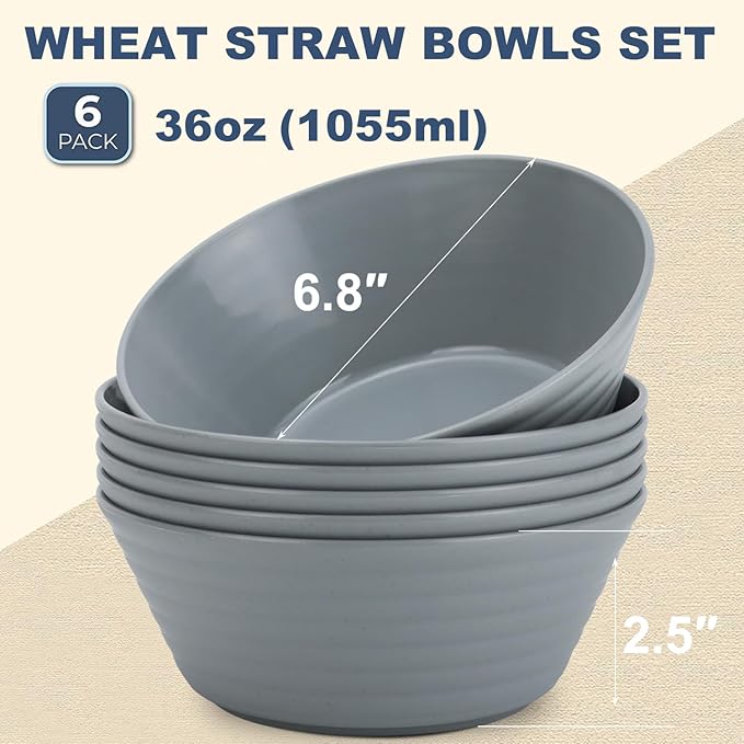 Wheat Straw Bowl Sets,6 PCS Unbreakable Cereal Bowl 36 OZ,Microwave and Dishwasher Safe Bowls,Dorm Bowl Sets BPA Free for Serving Cereal,Oatmeal and Salad (Grey)