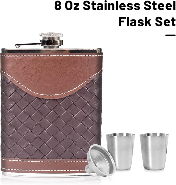 Hip Flasks for Men 8oz Leather Flask Gift Set,304 Stainless Steel Flask Set w/Funnel Shot Glasses Lovely Gift for Whiskey Rum Groomsman Best Man Usher Wedding Camping-Leather Stripe Black8oz