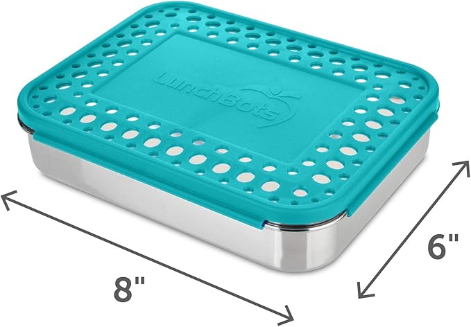 LunchBots Large Cinco Stainless Steel Lunch Container - Five Section Design Holds a Variety of Foods - Metal Bento Box - Dishwasher Safe - Stainless Lid - Aqua Dots