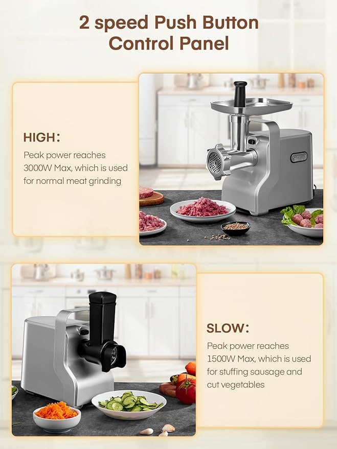 Meat Grinder Heavy Duty - 5 in1 Meat Grinder for Home Use - 3000W Max Powerful - Sausage Stuffer with 3 Stainless Steel Grinding Plates - Size #12 (silver)