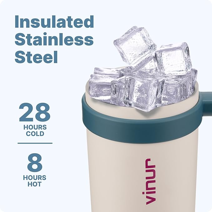 VINUR 30 oz Tumbler with Handle and Straw Lid-Reusable Stainless Steel Insulated Tumbler Cup for Water Coffee, Leakproof Travel Mug with Rubber Base(Cream)