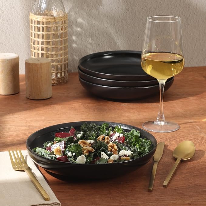 Gibson Elite Beckett 4-Piece 9 Inch Dinner Plate Bowl Set – Reactive Glaze Stoneware – Shallow Pasta Bowls – Round Wide-Rim Design – Microwave & Dishwasher Safe - Black