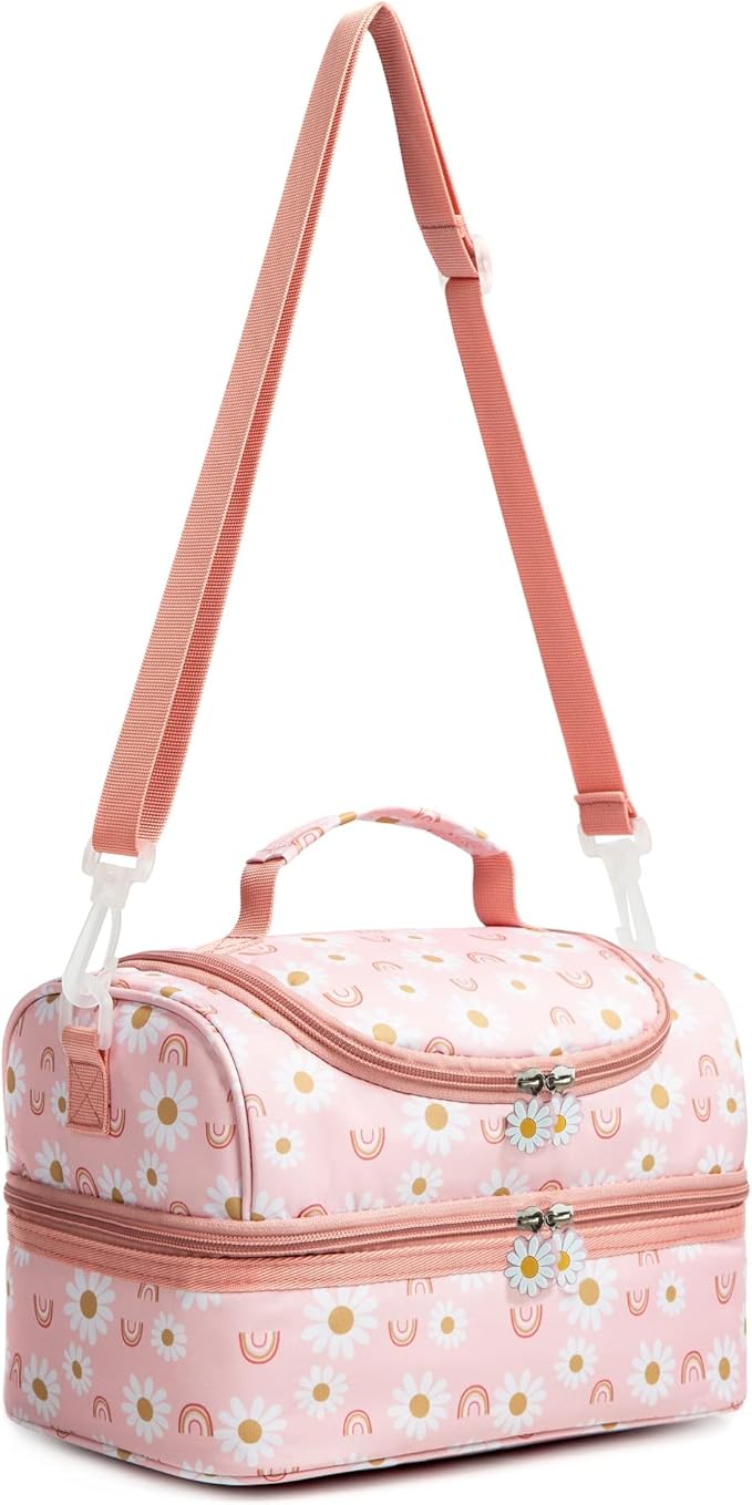 Insulated Kids Dual Compartment Lunch Bags Tote for Girls Boys Toddler Lunch Boxes Pre-School Toddler Kindergarten Elementary Picnic Food Cooler Thermal with Strap (Rainbow Daisies)