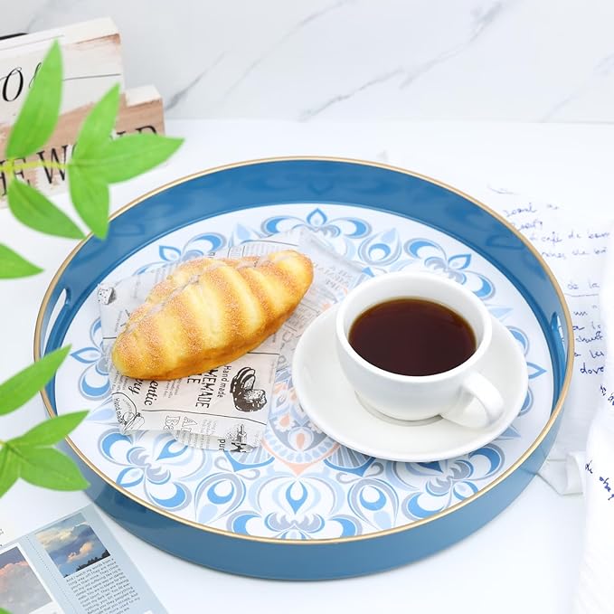 Round Blue Decorative Tray for Coffee Table, Ottoman, 13” Plastic Serving Platter Tray with Handles for Entertaining, Living Room