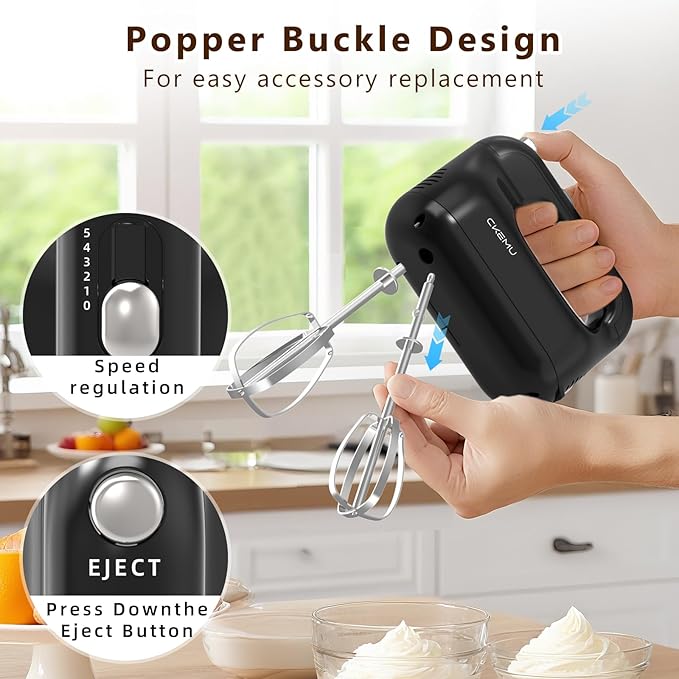 Hand Mixer | 5-Speed Control | 400-Watt Motor | Stainless Steel Attachments | Lightweight & Compact Design | BPA-Free | Black