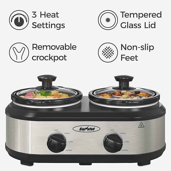 2 * 1.25 Quarts Dual Slow Cooker, Buffet Server & Warmer with 2 Removable Ceramic Pots, 3 Adjustable Temp Settings & 2 Visible Glass Lids, Stainless Steel, Silver