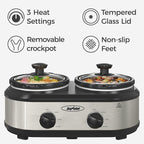 2 * 1.25 Quarts Dual Slow Cooker, Buffet Server & Warmer with 2 Removable Ceramic Pots, 3 Adjustable Temp Settings & 2 Visible Glass Lids, Stainless Steel, Silver