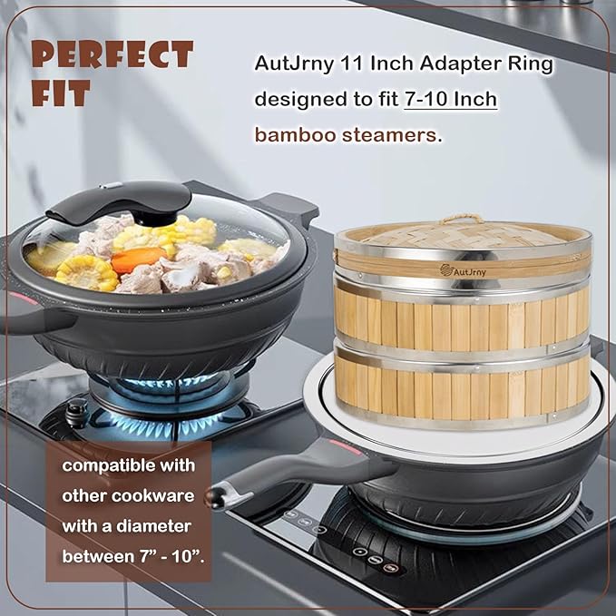 Stainless Steel Steamer Ring | 11 Inch, Fits 7 to 10 Inch Bamboo Steamer | Steaming Adapter for Steam Pot, Asian Food, Dumpling, Dim Sum, Rice, Veggie for Cooking Basket