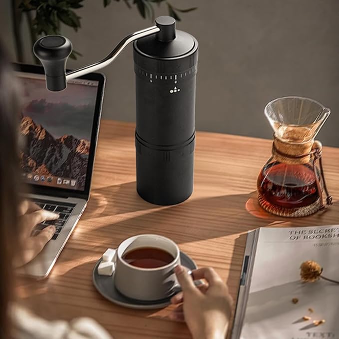 Manual Coffee Grinder with 7 Star Stainless Steel Conical Burr, Portable Coffee Grinder with External Adjustable Grind Setting (Black)