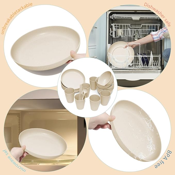 Wheat Straw Dinnerware Sets -DAPIPIK 42 Piece Unbreakable Dinnerware Sets for 6, Kitchen Plates and Bowls Set, Lightweight Camping Plates Cups and Bowls Set.Dishwasher Microwave Safe Dinnerware