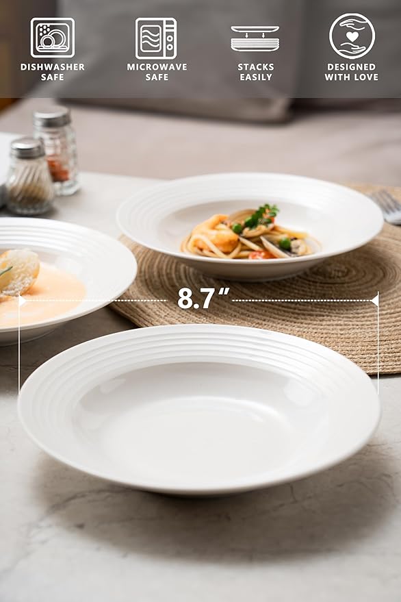 8.7-inch Wide Rim Ceramic Soup Bowl - Lead-Free White Pasta Bowls for Spaghetti, Salad, Stew, Rice Microwave & Dishwasher Safe - Scratch-Resistant & Heatproof Design Set of 2