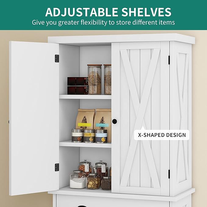 YITAHOME 72'' Tall Kitchen Pantry, Farmhouse Kitchen Storage Cabinets with Barn Doors, Drawer and Adjustable Shelves, Wood Cupboard for Kitchen, Dining Room, Bathroom, White