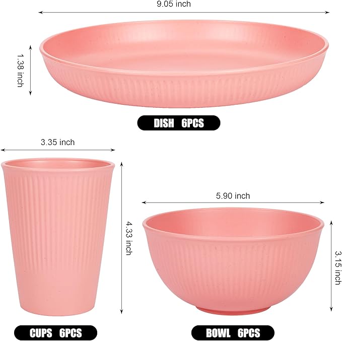 18PCS Wheat Straw Dinnerware Sets for 6, Unbreakable Dinnerware Sets,Dishwasher & Microwave Safe, Reusable Wheat Straw Plates, Bowl Set and Cup Set, Kitchen Outdoor Travel Camping