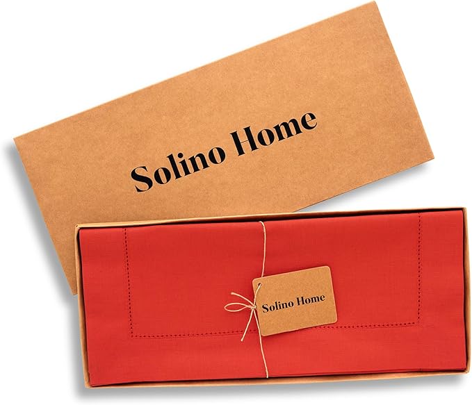 Solino Home Cotton Linen Table Runner 36 Inches - Poppy Red Hemstitch Table Runner 14 x 36 Inch Ideal for Dresser and Coffee Tables - Summer, Halloween