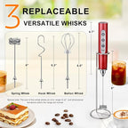 YUSWKO Red Rechargeable Milk Frother for Coffee with Stand, Handheld Drink Mixer with 3 Heads 3 Speeds Electric Stirrers for Latte, Cappuccino, Hot Chocolate, Egg