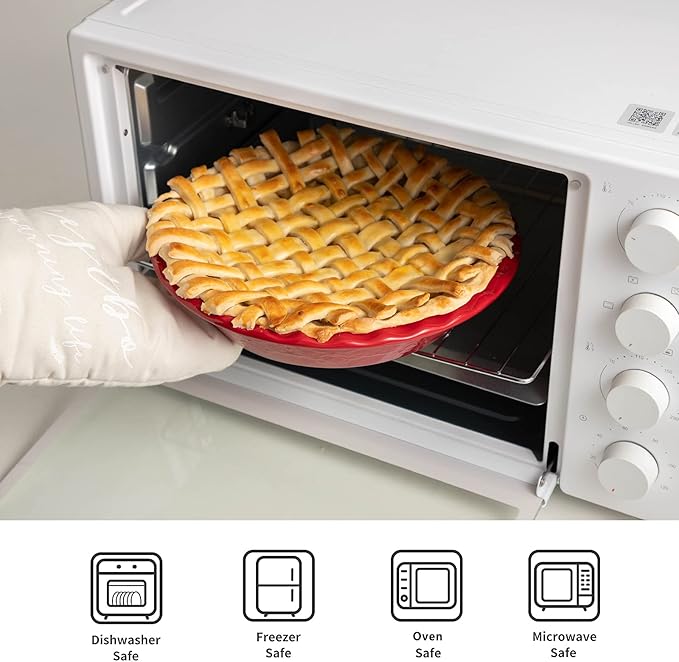 Fun Elements Pie Pan, 9 Inch Ceramic Pie Dish, Deep Dish Pie Pan with Lace Emboss, Ruffled Pie Plate for Baking, Thanksgiving Christmas Gifts(Christmas Red)