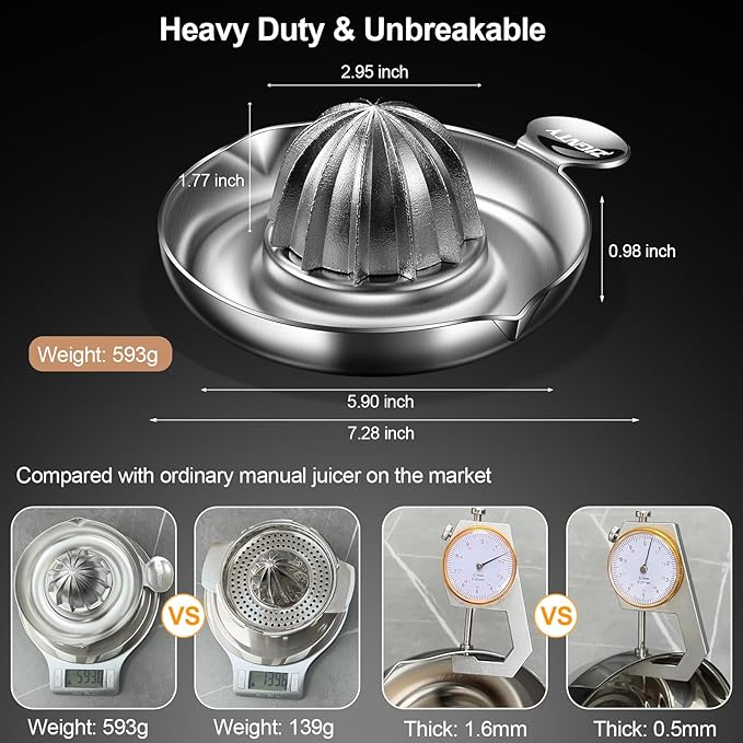 Lemon Squeezer Stainless Steel, Heavy Duty Hand Manual Citrus Juicer, Premium Orange Lime Fruit Squeezer, Robust Reamer Rotation 2 Pour Spout 200ML Container, Dishwasher Safe（5-Year Warranty）