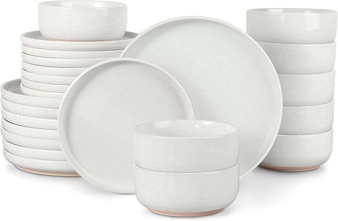 LIANYU 24 Piece Dinnerware Sets for 8, Stoneware Dinner Dishes for Kitchen Dining, Elegant Plates and Bowls Sets, Safe & Healthy Clay, Oven & Dishwasher Safe, Snowy White
