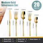Lemeya 20-Piece Gold Silverware Set for 4,Modern 18/10 Stainless Steel Flatware Set,Unique Rustic Cutlery Utensils Set,Spoon and Fork Set for Home, Restaurant,Wedding,Mirror Polished,Dishwasher Safe