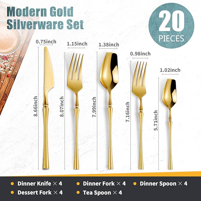 Lemeya 20-Piece Gold Silverware Set for 4,Modern 18/10 Stainless Steel Flatware Set,Unique Rustic Cutlery Utensils Set,Spoon and Fork Set for Home, Restaurant,Wedding,Mirror Polished,Dishwasher Safe