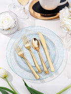 WDF 200PCS Blue Plastic Plates - Blue Glitter Plastic Plates - Heavy Duty Disposable Plates - Include 100 Dinner Plates 10" and 100 Dessert Plates 7" for Parties/Wedding/Graduation