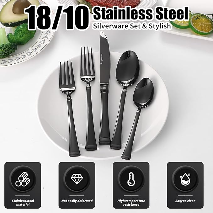 20-Piece Black Silverware Set,Service for 4,18/10 stainless steel Flatware Set,Mirror Polished Cutlery Set,Dishwasher Safe