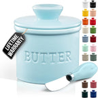 Zulay Kitchen Porcelain Butter Crock With Lid & Knife - Authentic French Butter Dish For Fresh & Spreadable Butter - Light Blue