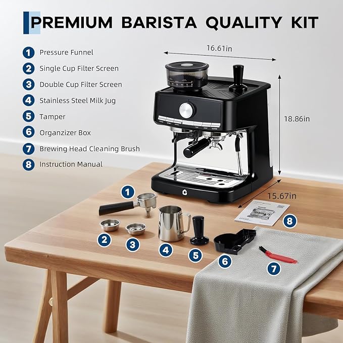 20 Bar Pressure Stainless Steel Espresso Machine with Grinder, 1.5l Removable Water Tank, Milk Frother Steam Wand for Latte and Cappuccino, Adjustable Shot Volume,Black