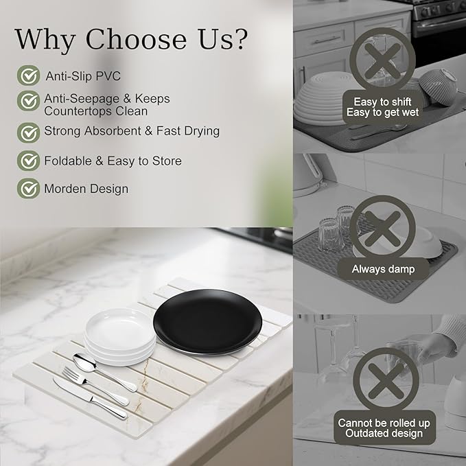 Hopegiver Stone Drying Mat for Kitchen Counter, 23.62"x15.35" Golden Marble Pattern Quick Dry Dish Drying Mat, Absorbent Diatomaceous Earth Mat for Countertop Sink Kitchen Bathroom, with Sanding Block